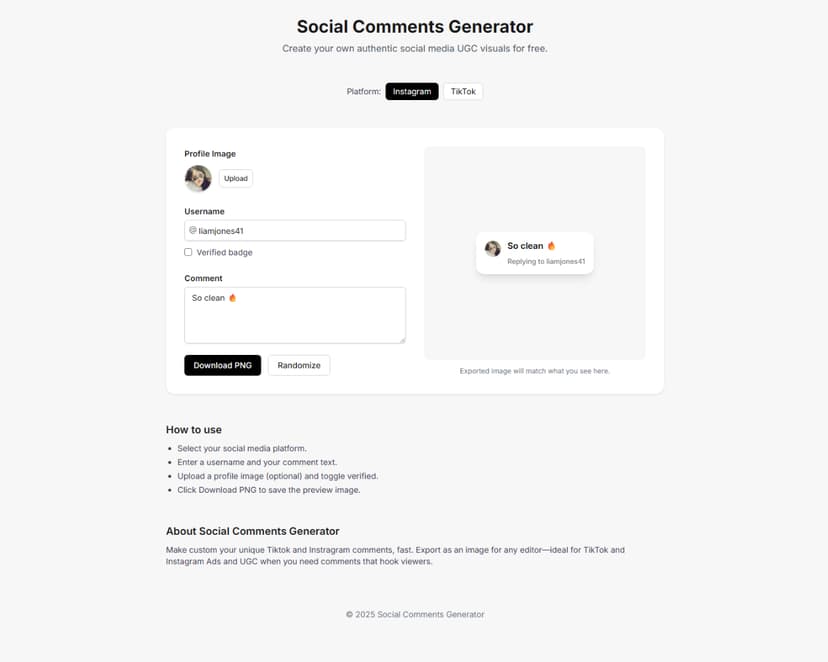 Social Comments Generator Screen 1